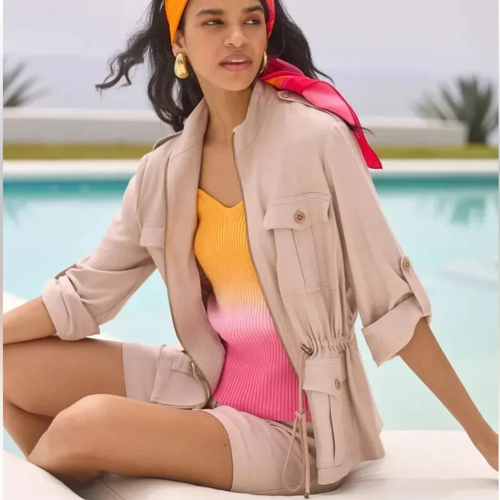 Trina Turk Full Zip Lightweight Bouyant Tunic Jacket Cinched Waist Beige Pink XS